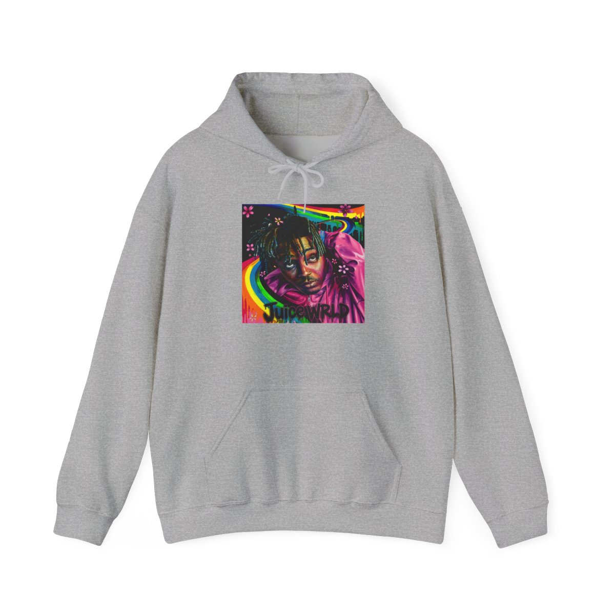 Art print featuring a portrait of a person with dreadlocks, wearing a pink hoodie. The background includes a rainbow, flowers, and the name "Juice WRLD". The artwork is colourful and vibrant, with a...