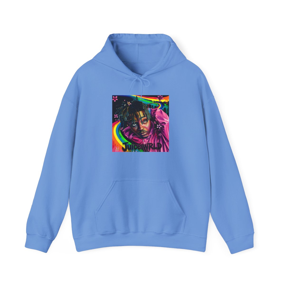Art print featuring a portrait of a person with dreadlocks, wearing a pink hoodie. The background includes a rainbow, flowers, and the name "Juice WRLD". The artwork is colourful and vibrant, with a... - alternate angle 3, merchandise