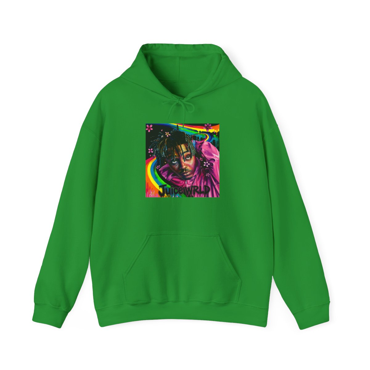 Art print featuring a portrait of a person with dreadlocks, wearing a pink hoodie. The background includes a rainbow, flowers, and the name "Juice WRLD". The artwork is colourful and vibrant, with a...