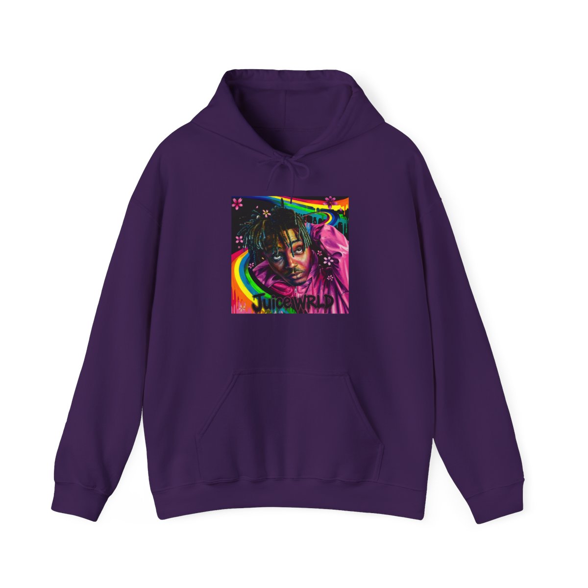 Art print featuring a portrait of a person with dreadlocks, wearing a pink hoodie. The background includes a rainbow, flowers, and the name "Juice WRLD". The artwork is colourful and vibrant, with a... - alternate angle 5, merchandise
