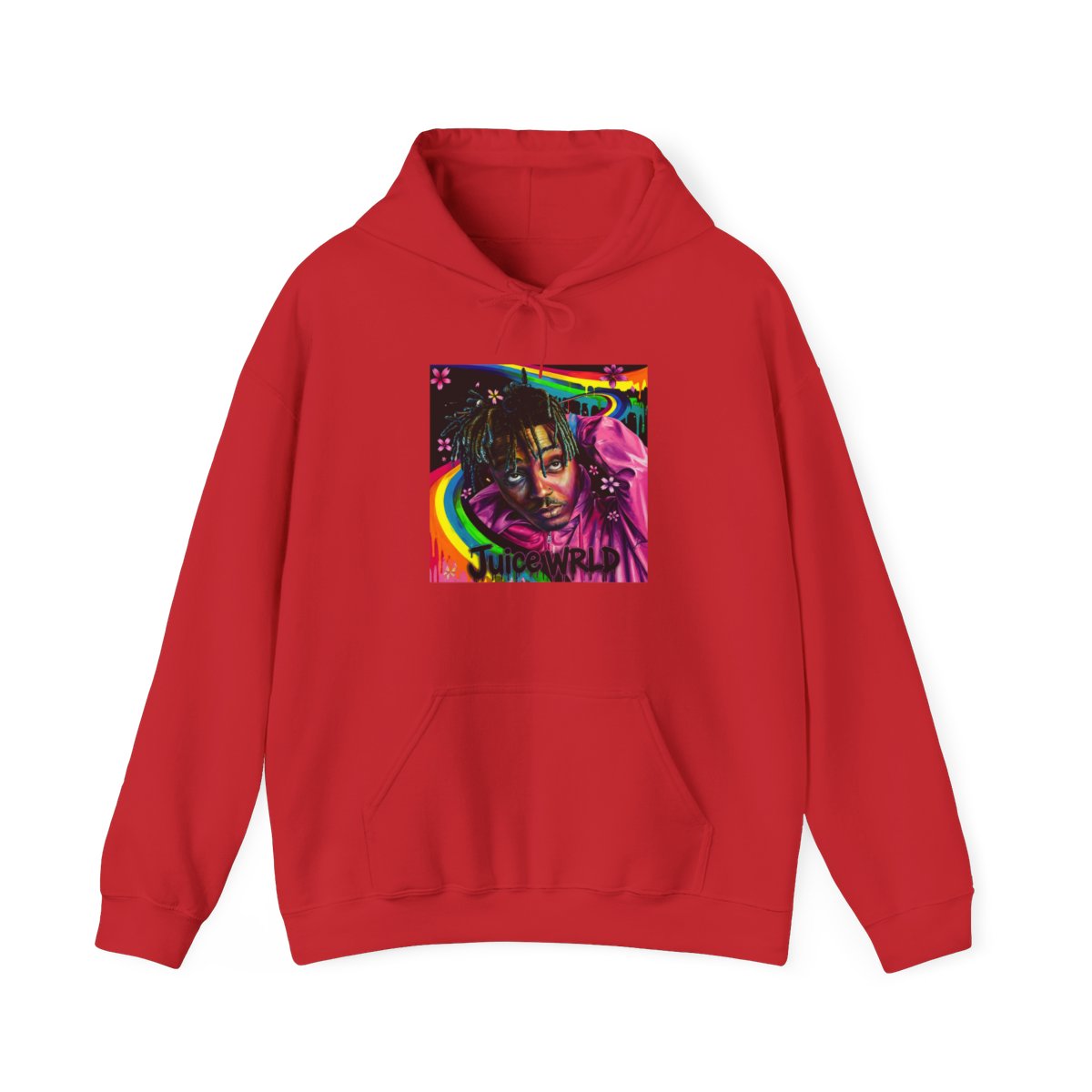 Art print featuring a portrait of a person with dreadlocks, wearing a pink hoodie. The background includes a rainbow, flowers, and the name "Juice WRLD". The artwork is colourful and vibrant, with a... - alternate angle 2, merchandise