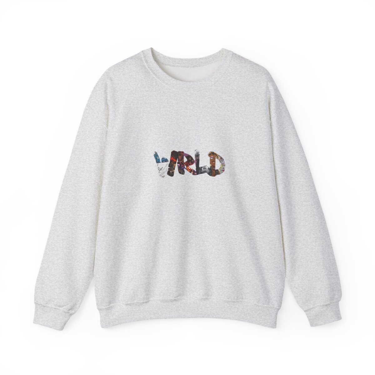 Black crew neck sweatshirt featuring the word "WRLD" in a colourful collage design and the number "999" in white. A casual garment suitable for everyday wear - alternate angle 2, merchandise