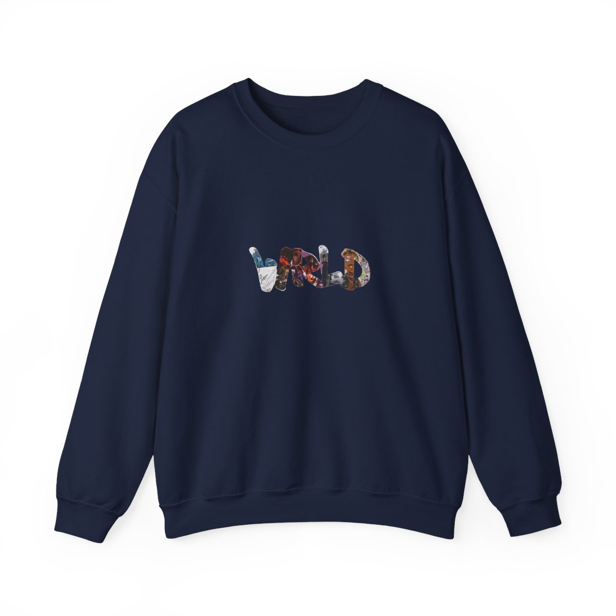 Black crew neck sweatshirt featuring the word "WRLD" in a colourful collage design and the number "999" in white. A casual garment suitable for everyday wear - alternate angle 2, merchandise