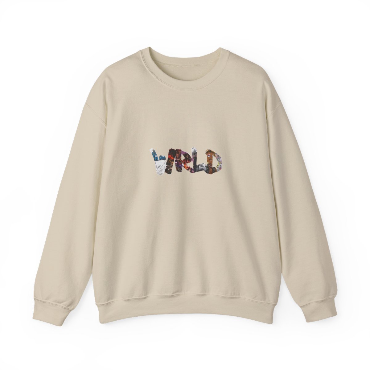 Black crew neck sweatshirt featuring the word "WRLD" in a colourful collage design and the number "999" in white. A casual garment suitable for everyday wear - alternate angle 4, merchandise
