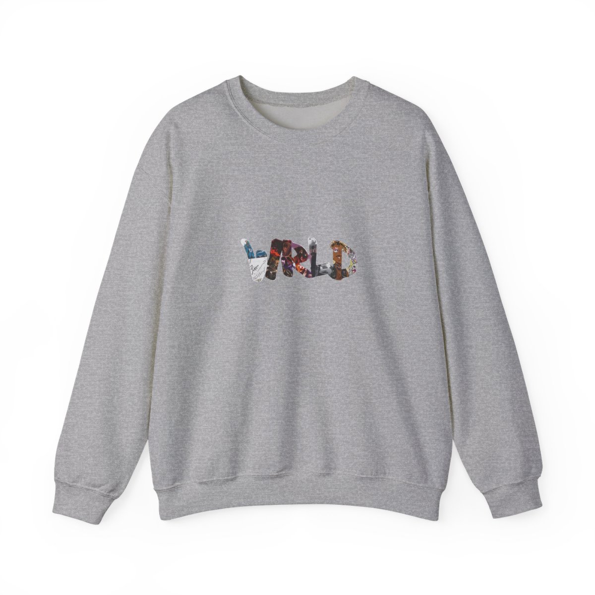 Black crew neck sweatshirt featuring the word "WRLD" in a colourful collage design and the number "999" in white. A casual garment suitable for everyday wear - alternate angle 5, merchandise
