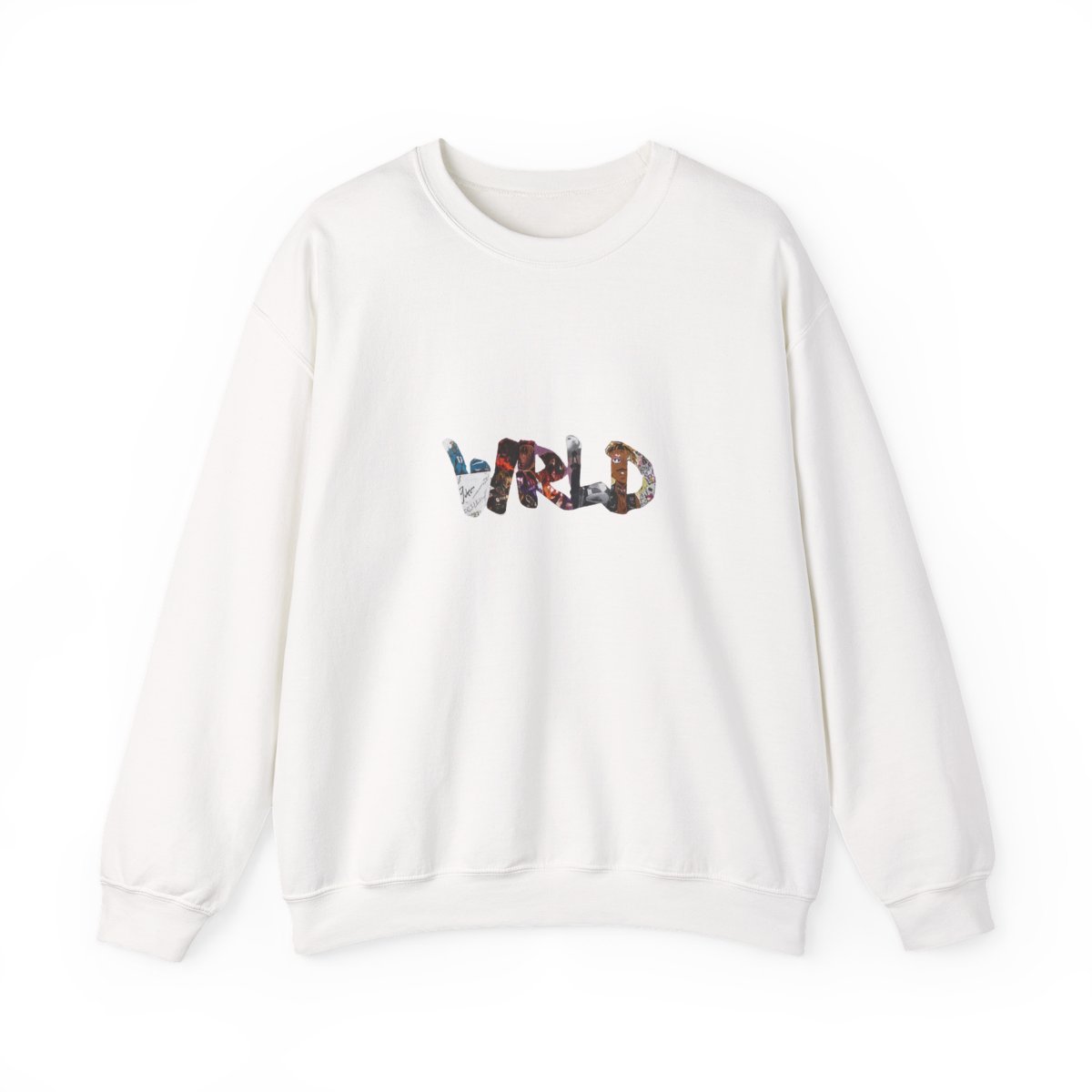 Black crew neck sweatshirt featuring the word "WRLD" in a colourful collage design and the number "999" in white. A casual garment suitable for everyday wear