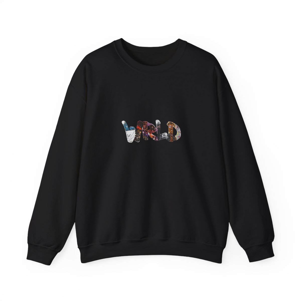 Black crew neck sweatshirt featuring the word "WRLD" in a colourful collage design and the number "999" in white. A casual garment suitable for everyday wear - alternate angle 3, merchandise