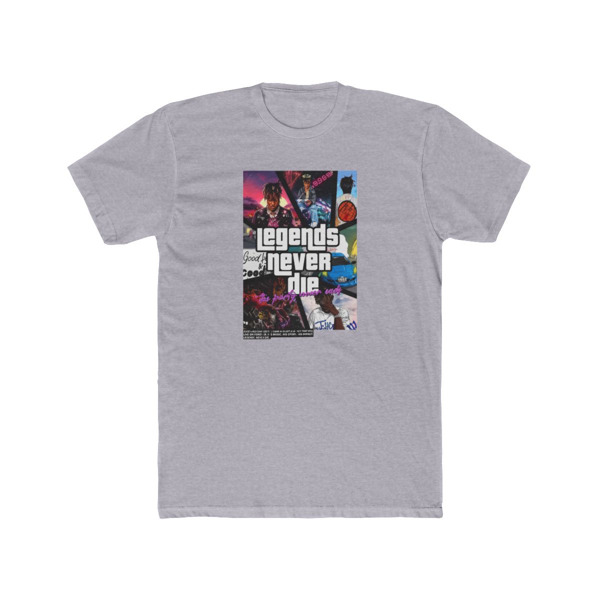 Black T Shirt with the word "WRLD" and the number "999" in white on the front. The back of the shirt features a collage with the words "legends never die" and various images