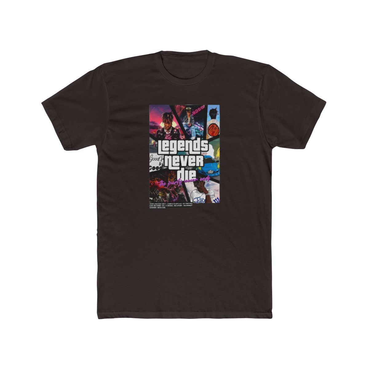 Black T Shirt with the word "WRLD" and the number "999" in white on the front. The back of the shirt features a collage with the words "legends never die" and various images - alternate angle 2, merchandise