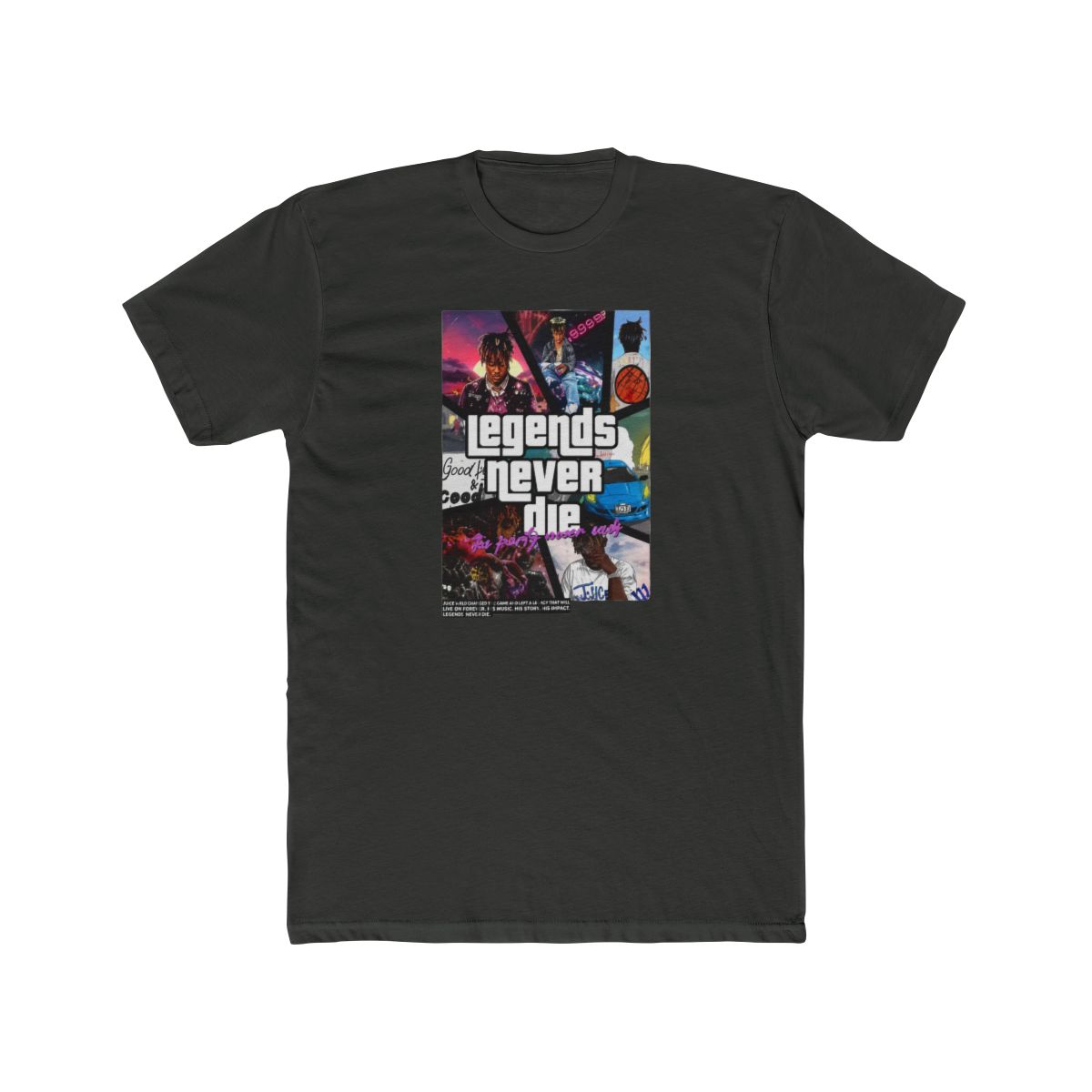 Black T Shirt with the word "WRLD" and the number "999" in white on the front. The back of the shirt features a collage with the words "legends never die" and various images - alternate angle 5, merchandise