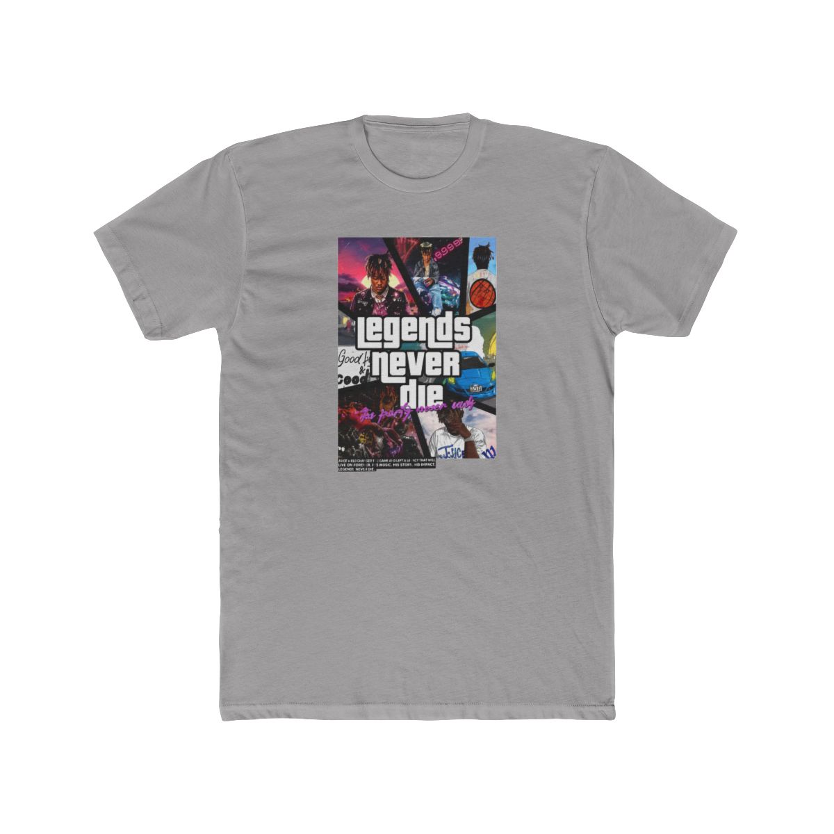 Black T Shirt with the word "WRLD" and the number "999" in white on the front. The back of the shirt features a collage with the words "legends never die" and various images - Official T-Shirts merchandise