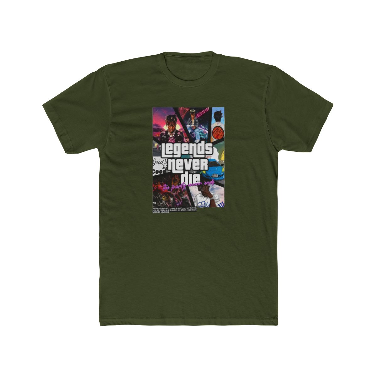 Black T Shirt with the word "WRLD" and the number "999" in white on the front. The back of the shirt features a collage with the words "legends never die" and various images - alternate angle 4, merchandise