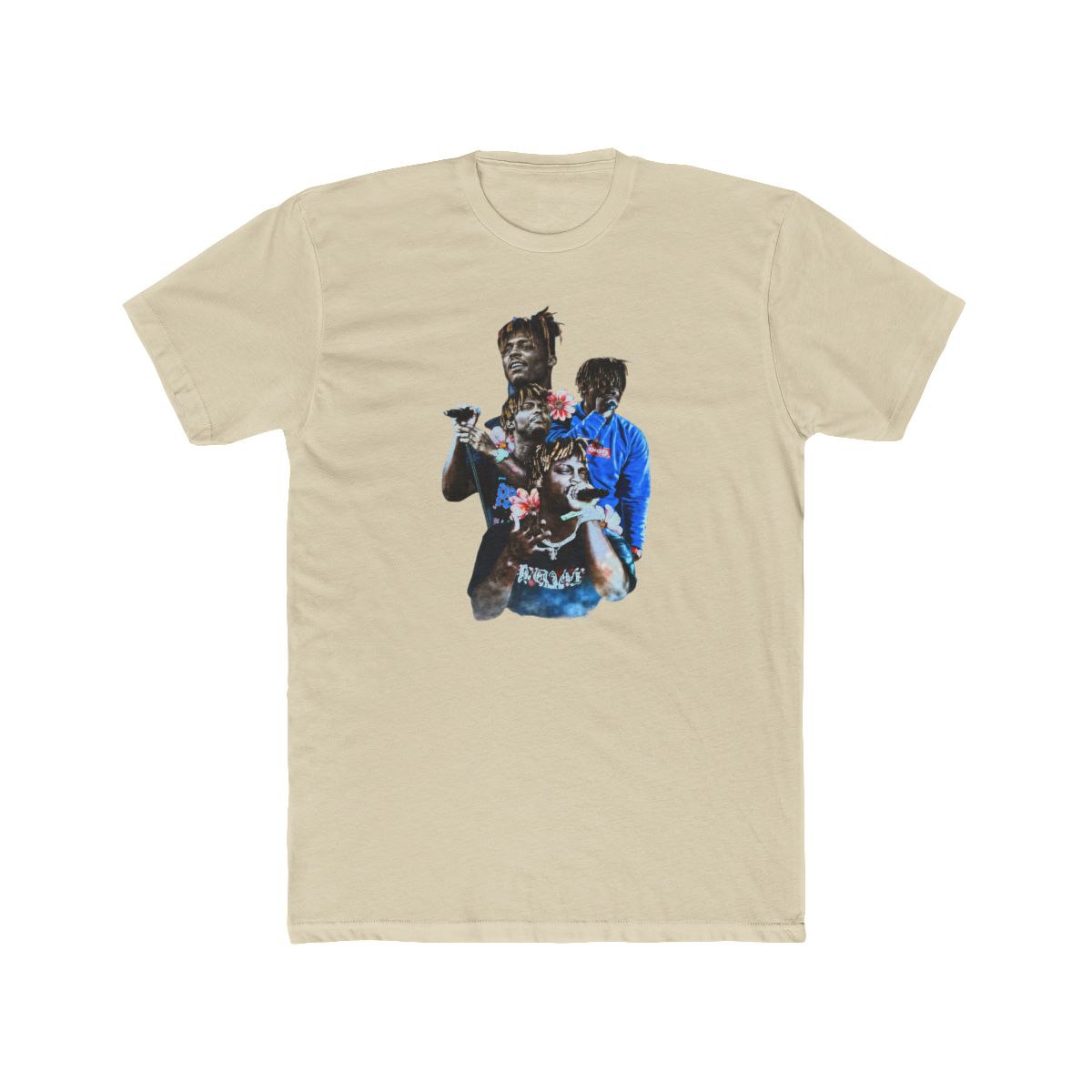 Black and blue graphic print of rapper Juice WRLD on a black T Shirt. The print features multiple images of Juice WRLD with flowers and the text "999" in white - alternate angle 4, merchandise