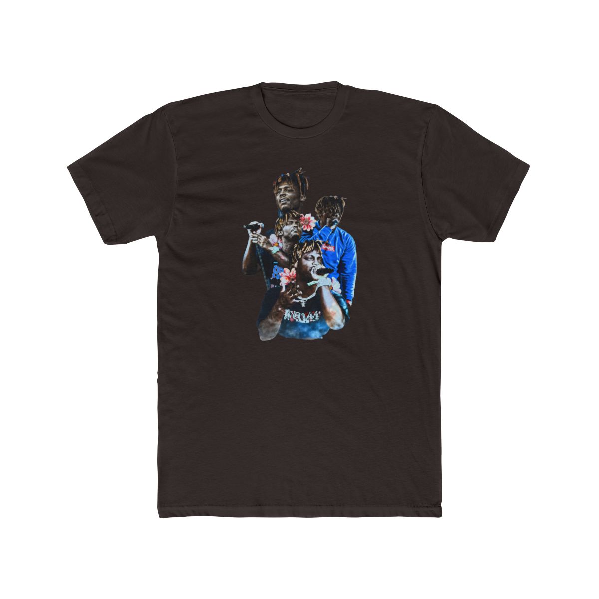 Black and blue graphic print of rapper Juice WRLD on a black T Shirt. The print features multiple images of Juice WRLD with flowers and the text "999" in white - alternate angle 3, merchandise