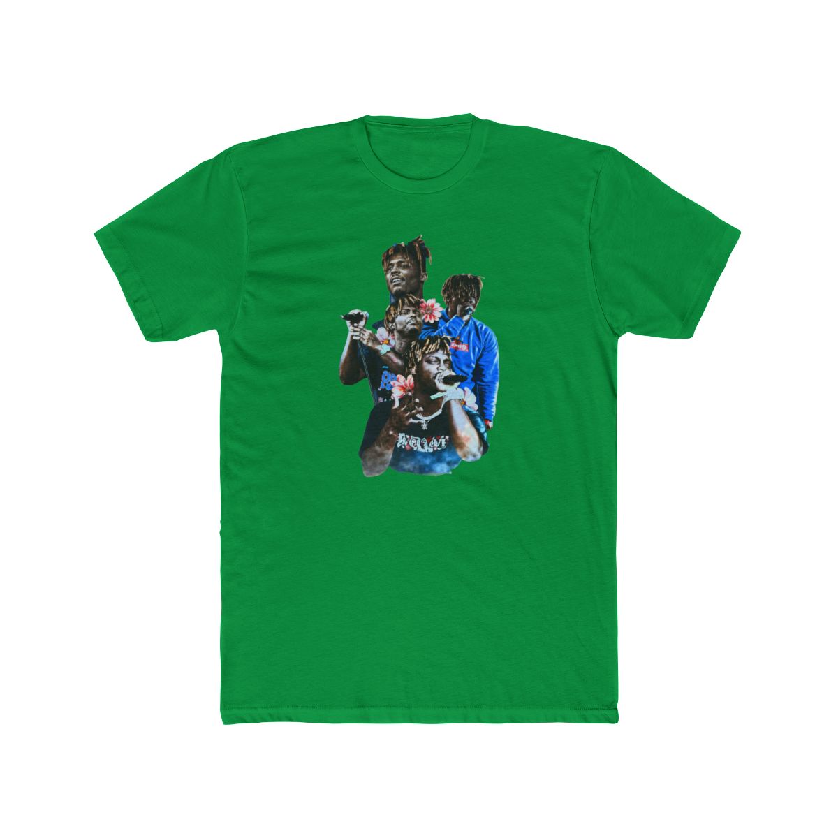 Black and blue graphic print of rapper Juice WRLD on a black T Shirt. The print features multiple images of Juice WRLD with flowers and the text "999" in white