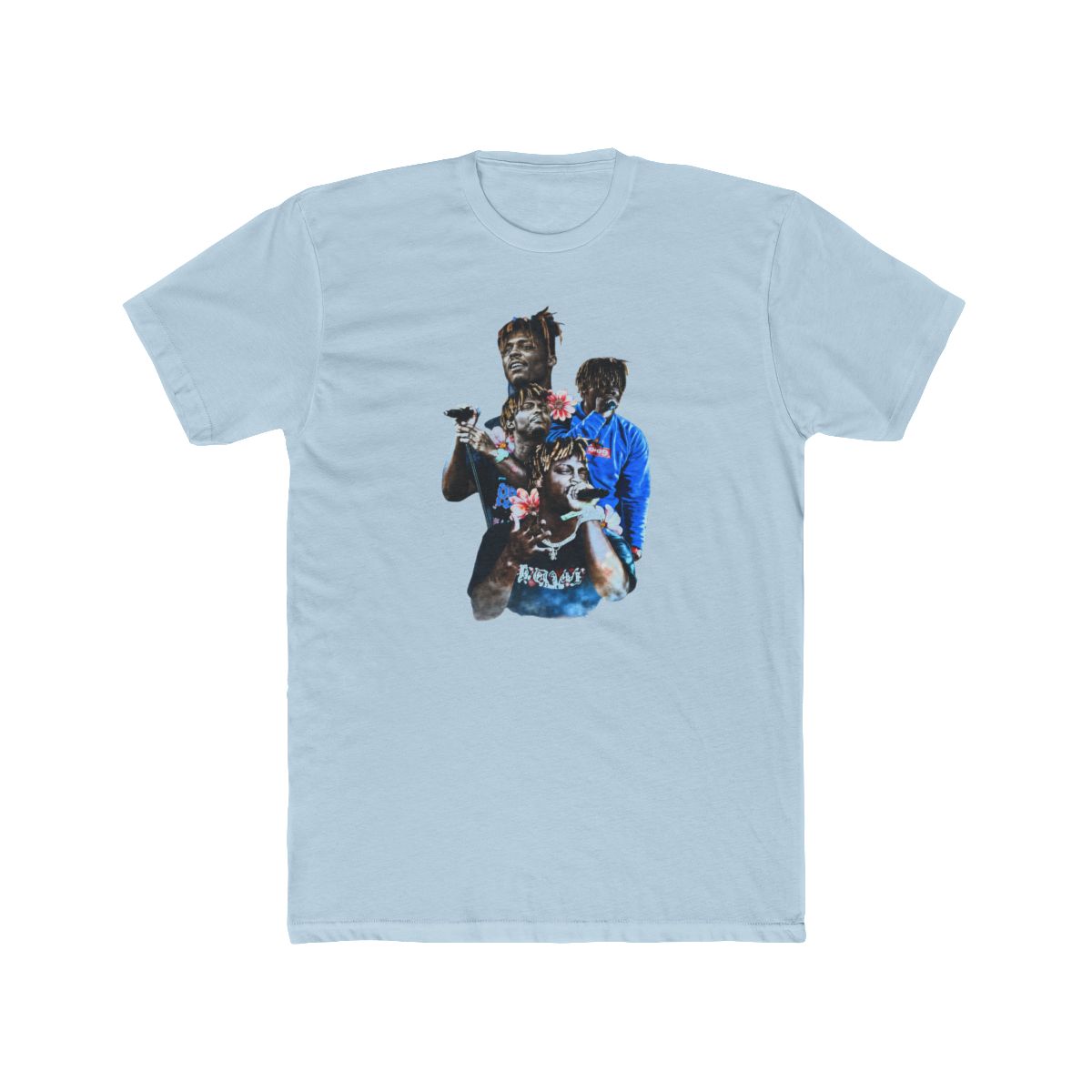 Black and blue graphic print of rapper Juice WRLD on a black T Shirt. The print features multiple images of Juice WRLD with flowers and the text "999" in white - alternate angle 2, merchandise