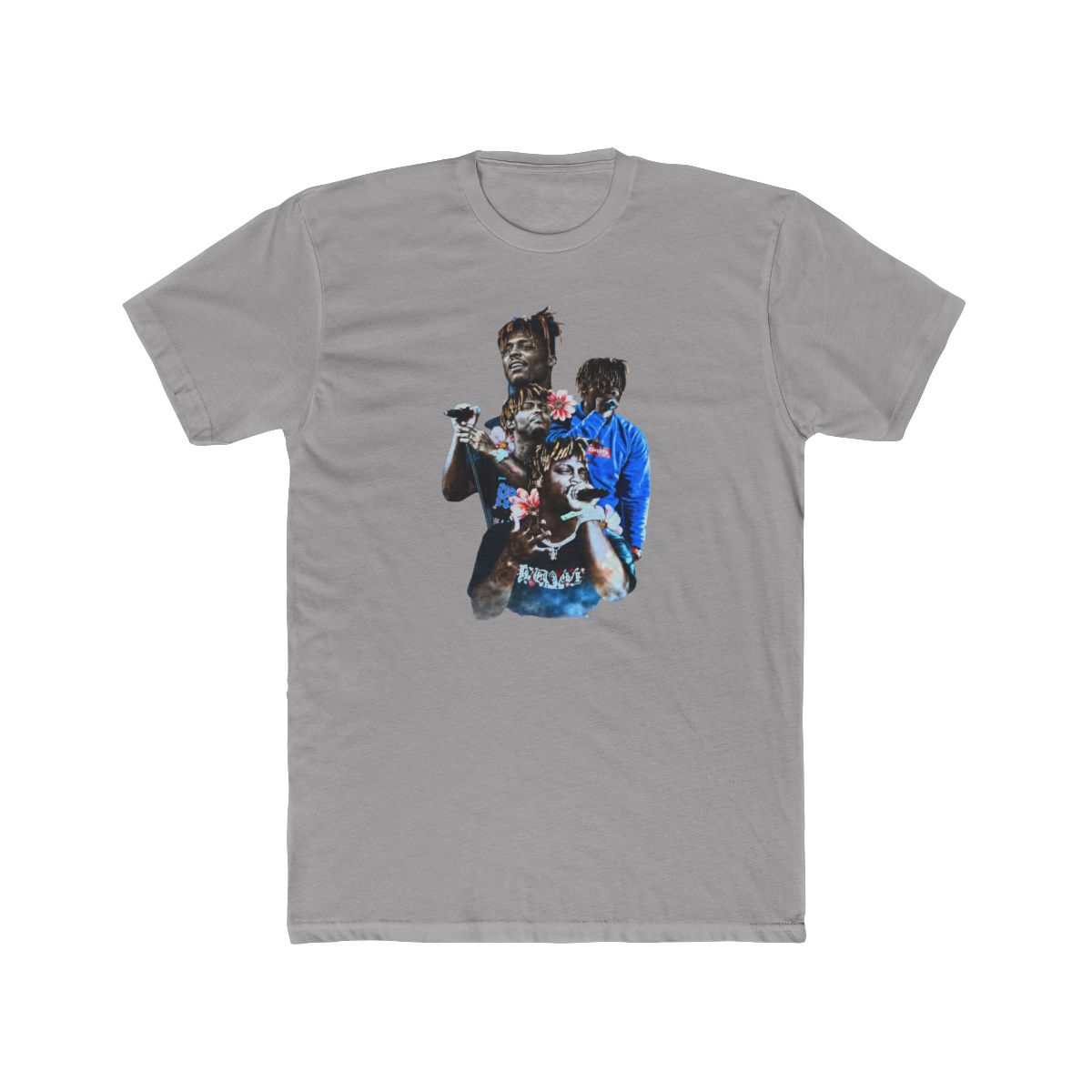 Black and blue graphic print of rapper Juice WRLD on a black T Shirt. The print features multiple images of Juice WRLD with flowers and the text "999" in white - alternate angle 5, merchandise
