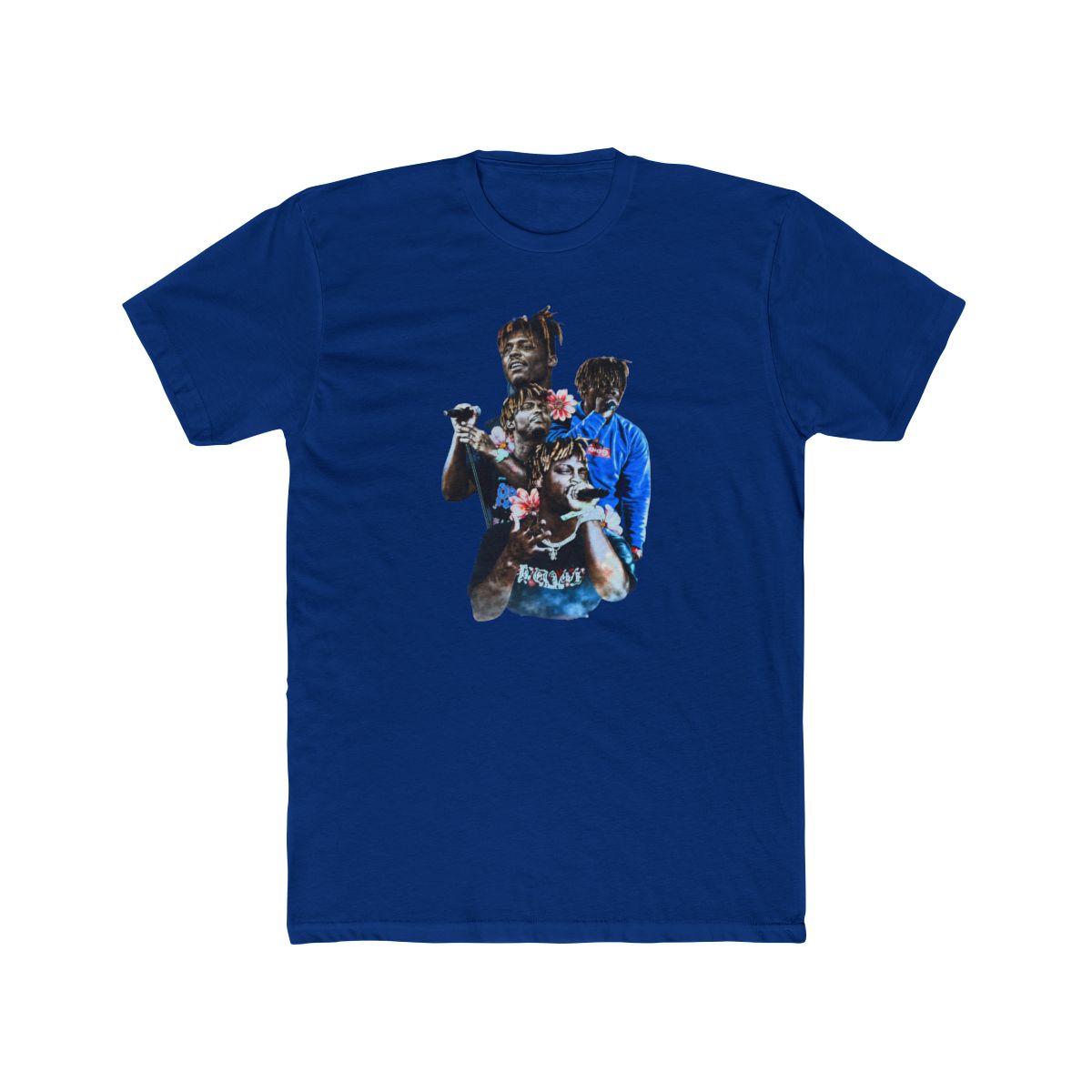 Black and blue graphic print of rapper Juice WRLD on a black T Shirt. The print features multiple images of Juice WRLD with flowers and the text "999" in white - alternate angle 3, merchandise