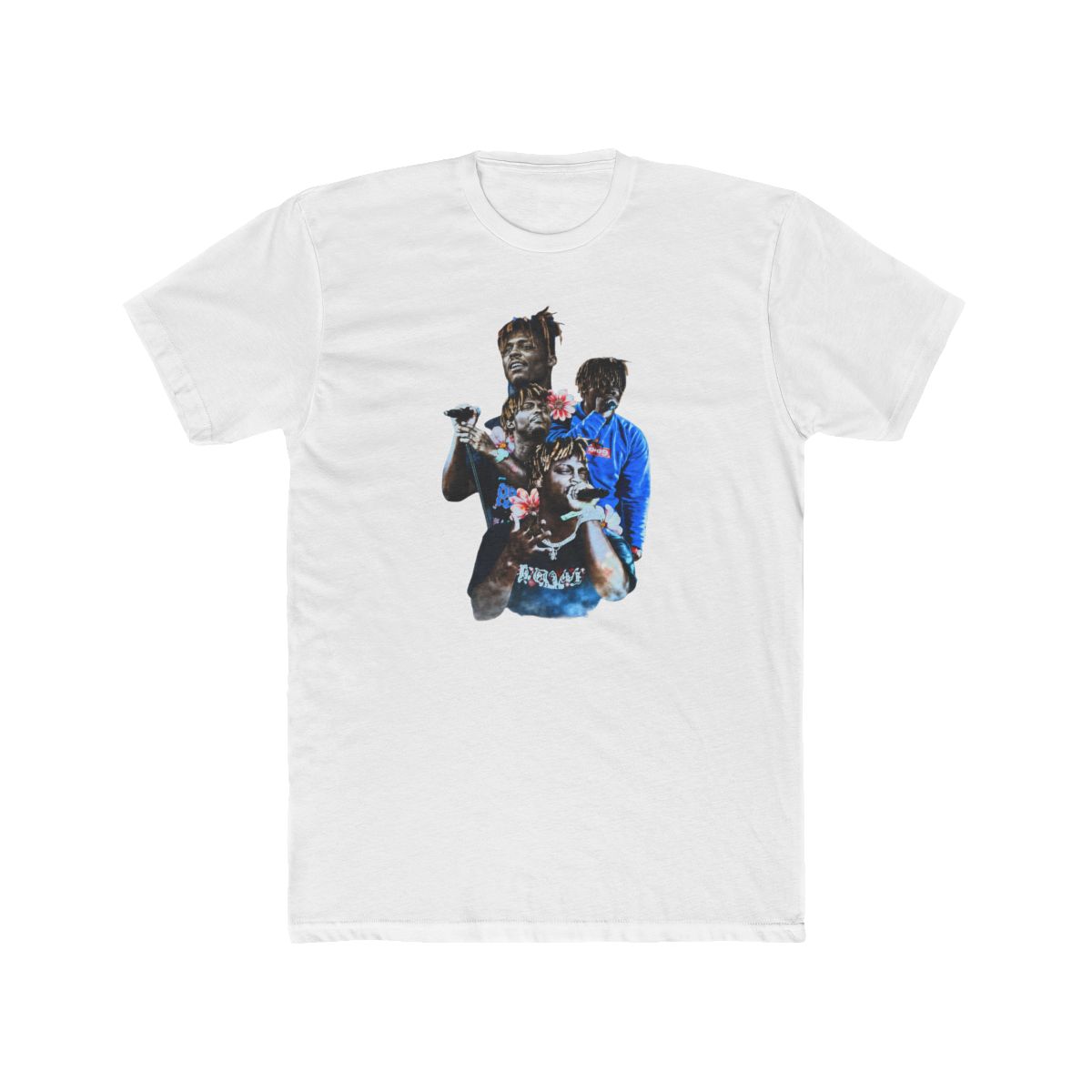 Black and blue graphic print of rapper Juice WRLD on a black T Shirt. The print features multiple images of Juice WRLD with flowers and the text "999" in white - alternate angle 4, merchandise
