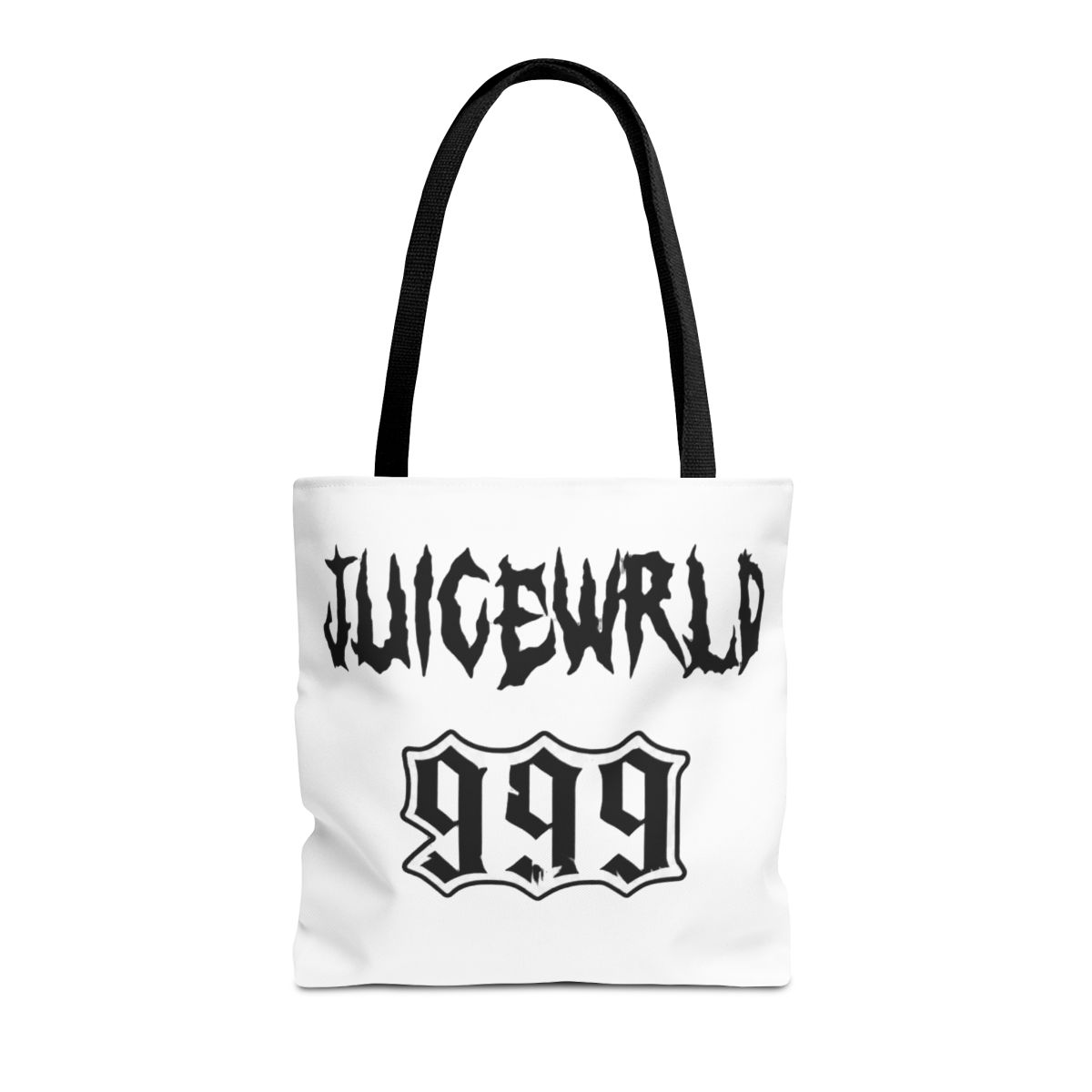 Black Bags featuring the white text "JUICEWRLD" and "999". The Bags has a front pocket and a top handle. A repeating pattern of smiling faces adorns the top of the bag - alternate angle 2, merchandise