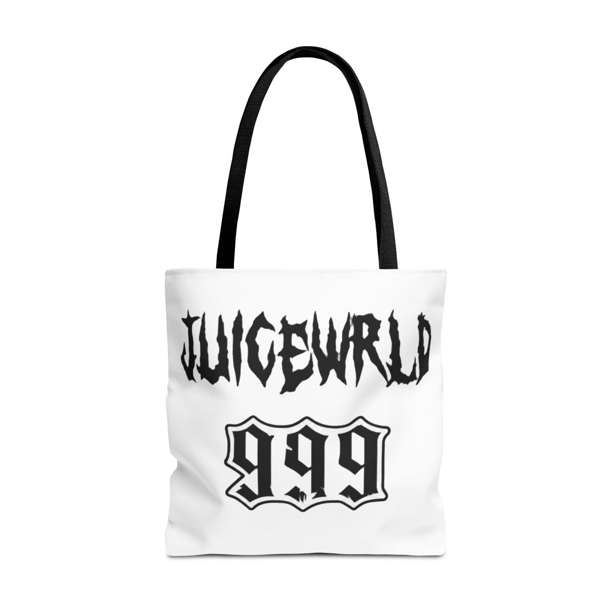 Black Bags featuring the white text "JUICEWRLD" and "999". The Bags has a front pocket and a top handle. A repeating pattern of smiling faces adorns the top of the bag - alternate angle 3, merchandise