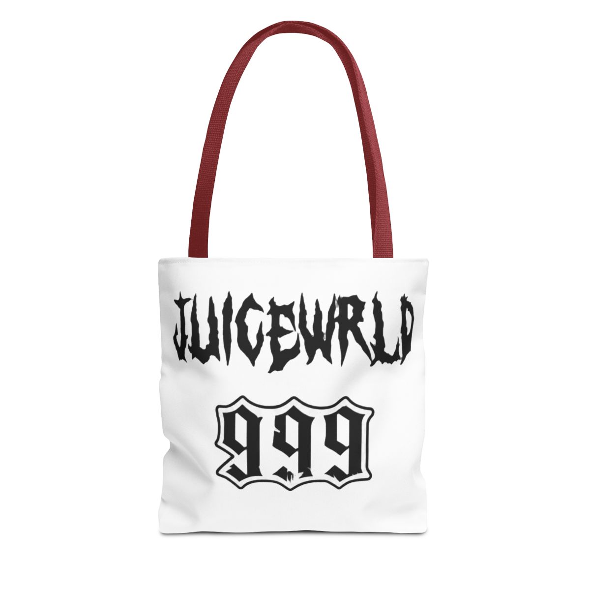 Black Bags featuring the white text "JUICEWRLD" and "999". The Bags has a front pocket and a top handle. A repeating pattern of smiling faces adorns the top of the bag - alternate angle 4, merchandise
