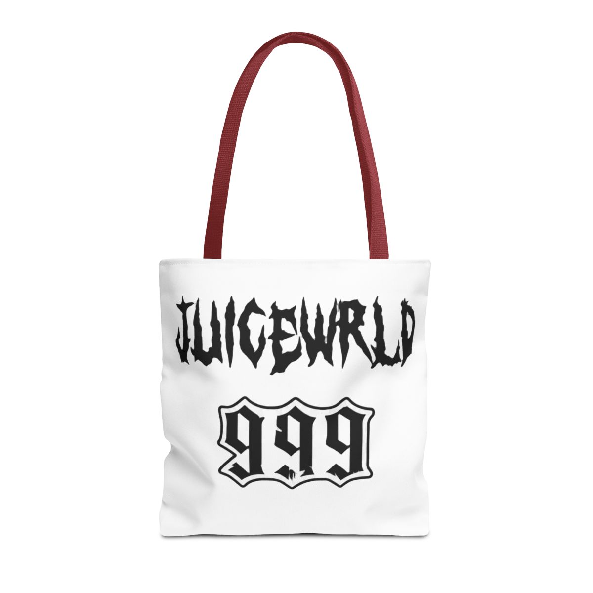 Black Bags featuring the white text "JUICEWRLD" and "999". The Bags has a front pocket and a top handle. A repeating pattern of smiling faces adorns the top of the bag - alternate angle 5, merchandise